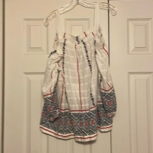 Red, white and blue, off the shoulder blouse.